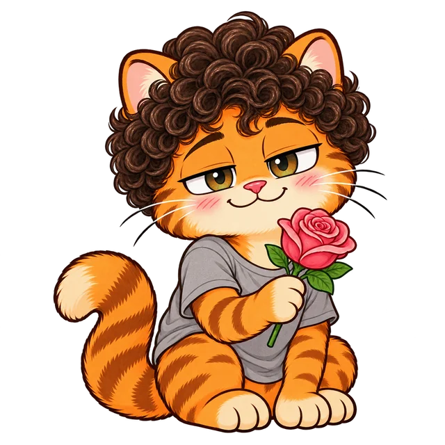 Rayan as a curly-haired orange cat offering a rose